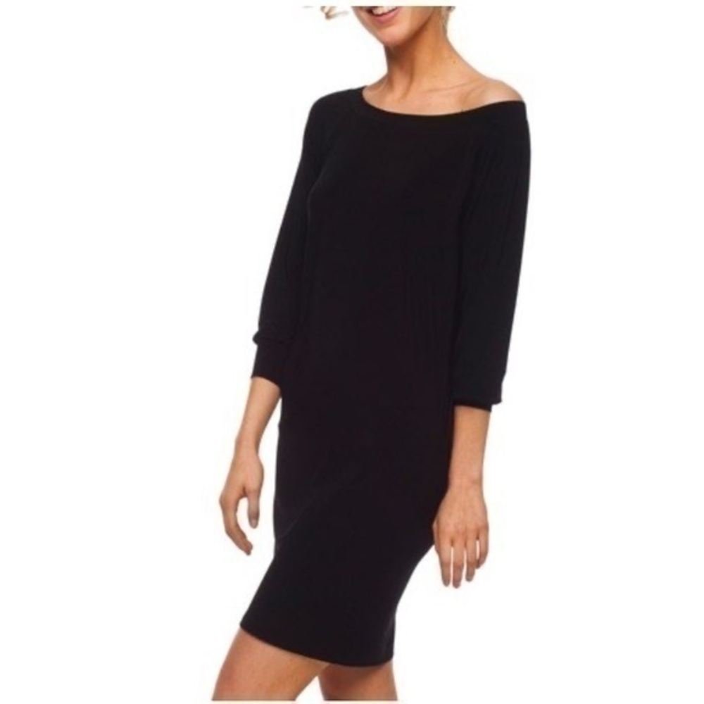 Norma Kamali Black Raglan 3/4 Sleeve Jersey Stretch Dress Large L R2
